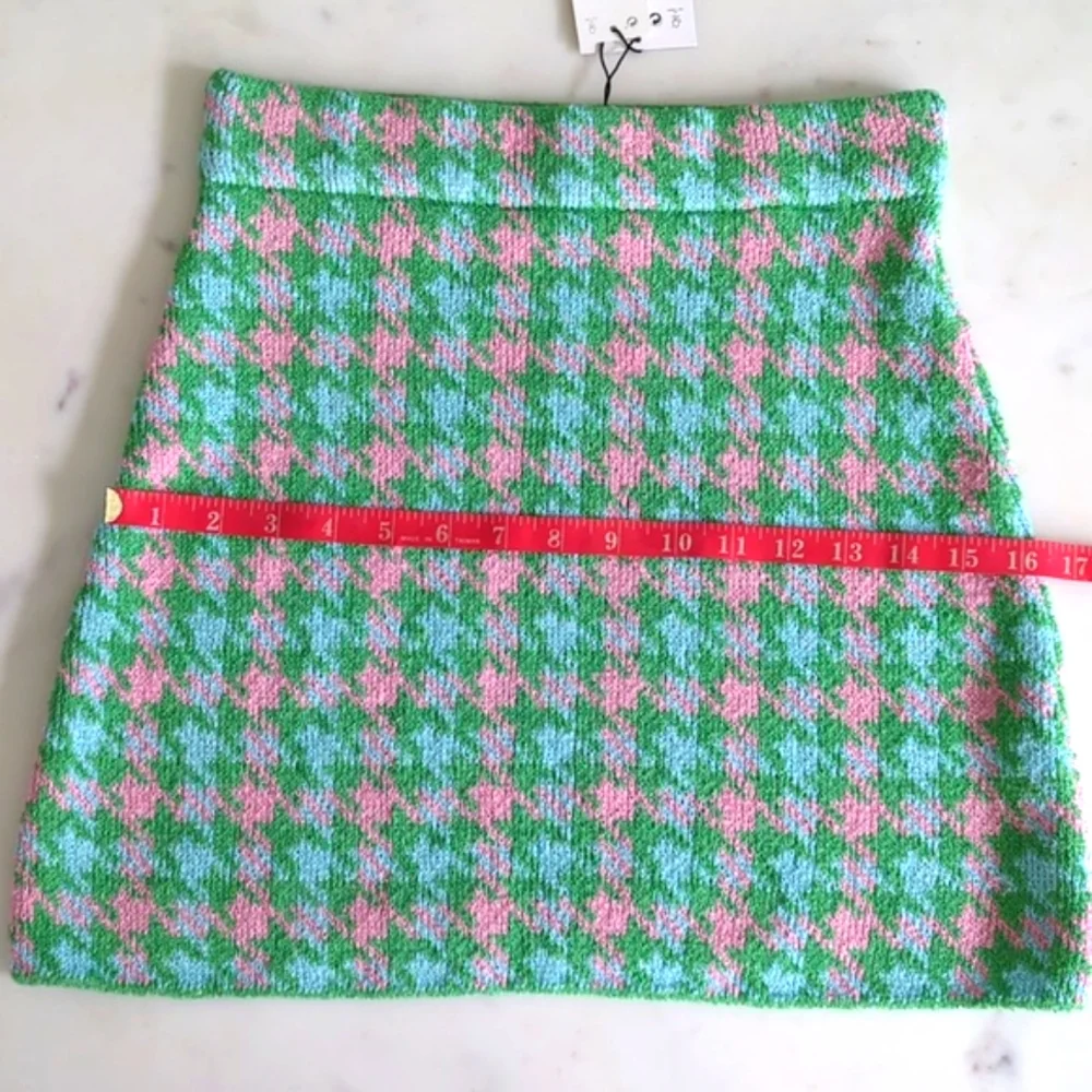 ZARA Houndstooth Knit Crop Cardigan & Skirt Set 2 pc S pink green mini skirt - Picture 9 of 13